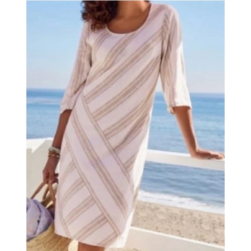 Soft Surroundings Midi Dress XL White Beige Kafkan Linen Blend
